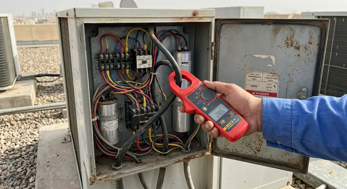 Clamp meter reading current on an AC unit power cable