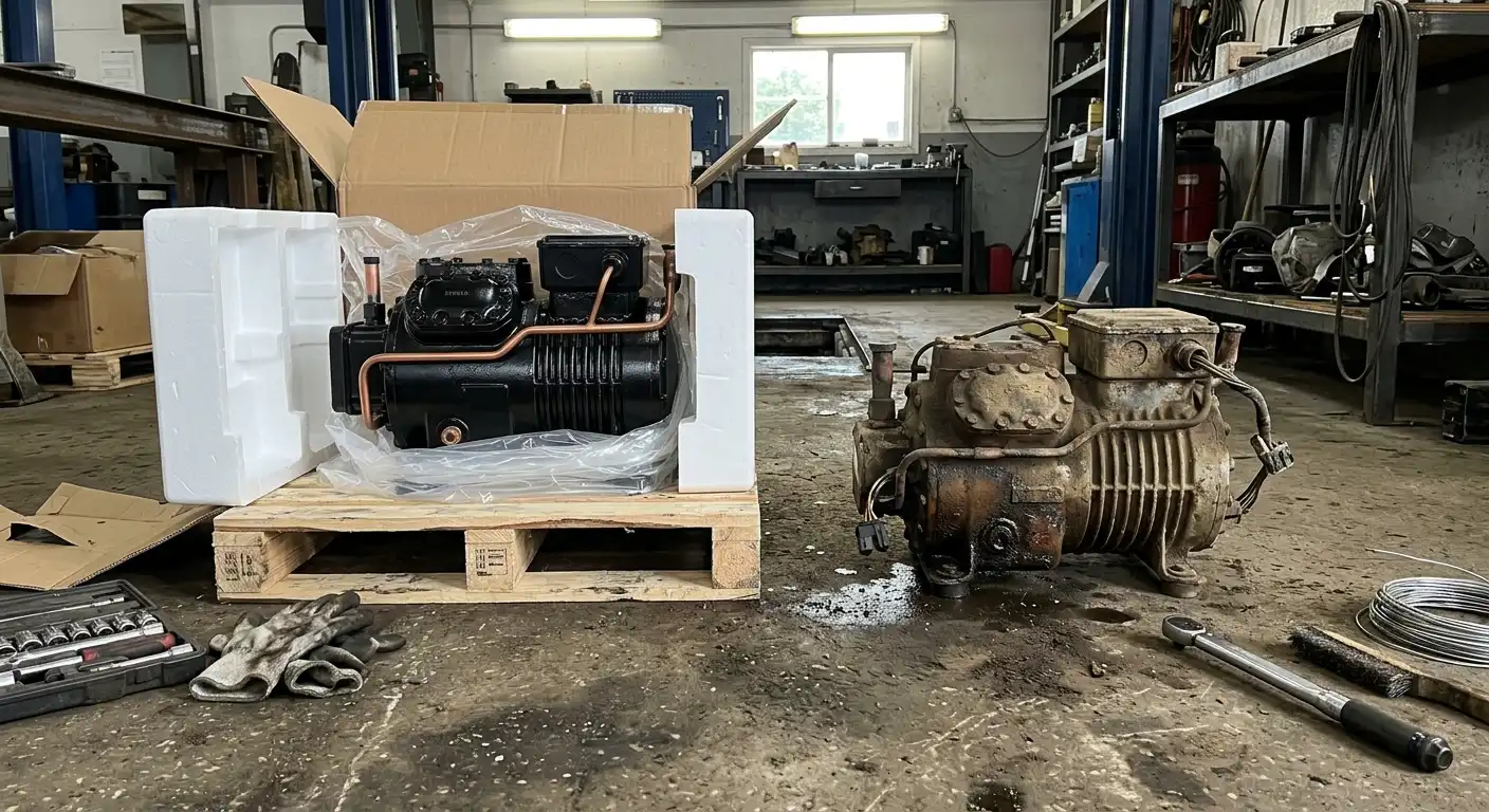 New replacement compressor next to an old removed compressor