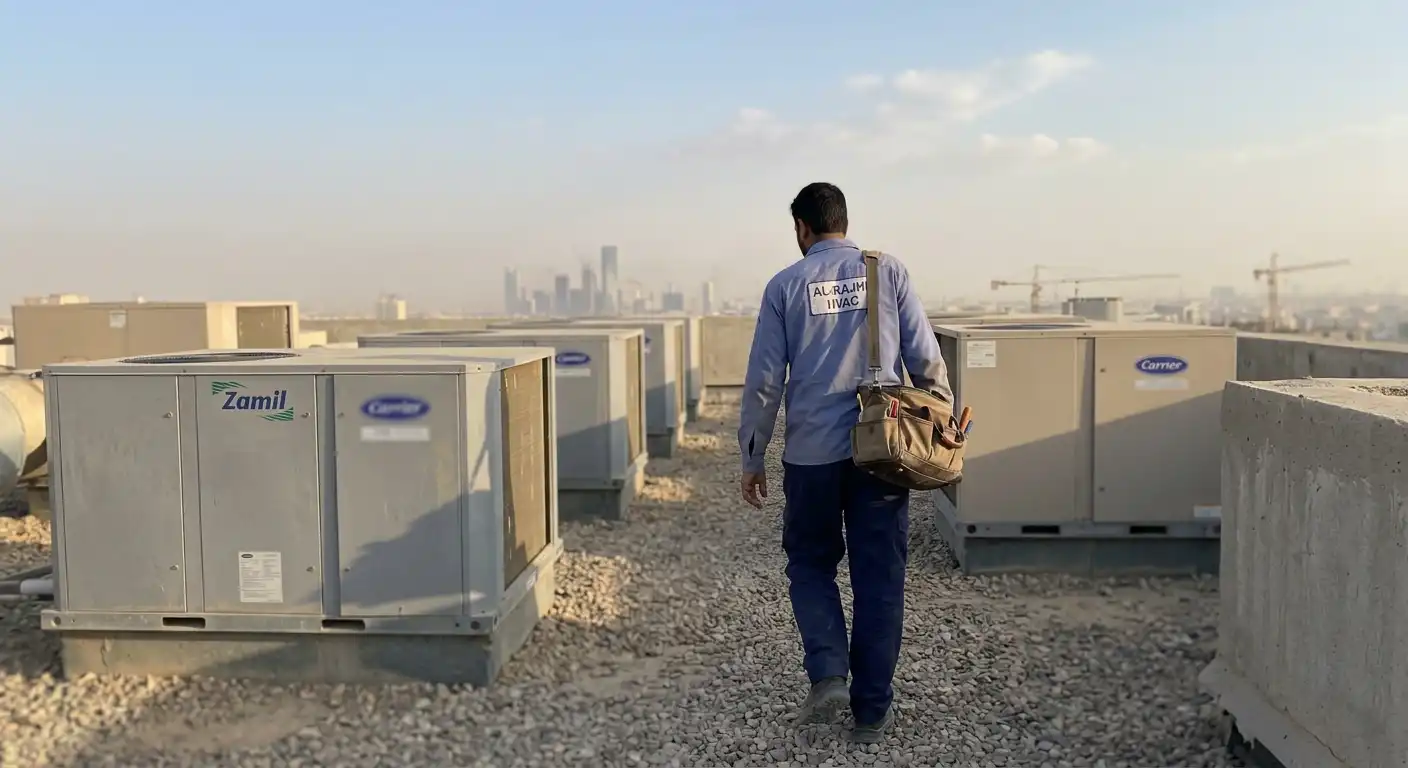 Technician walking between rooftop AC units during a routine maintenance visit