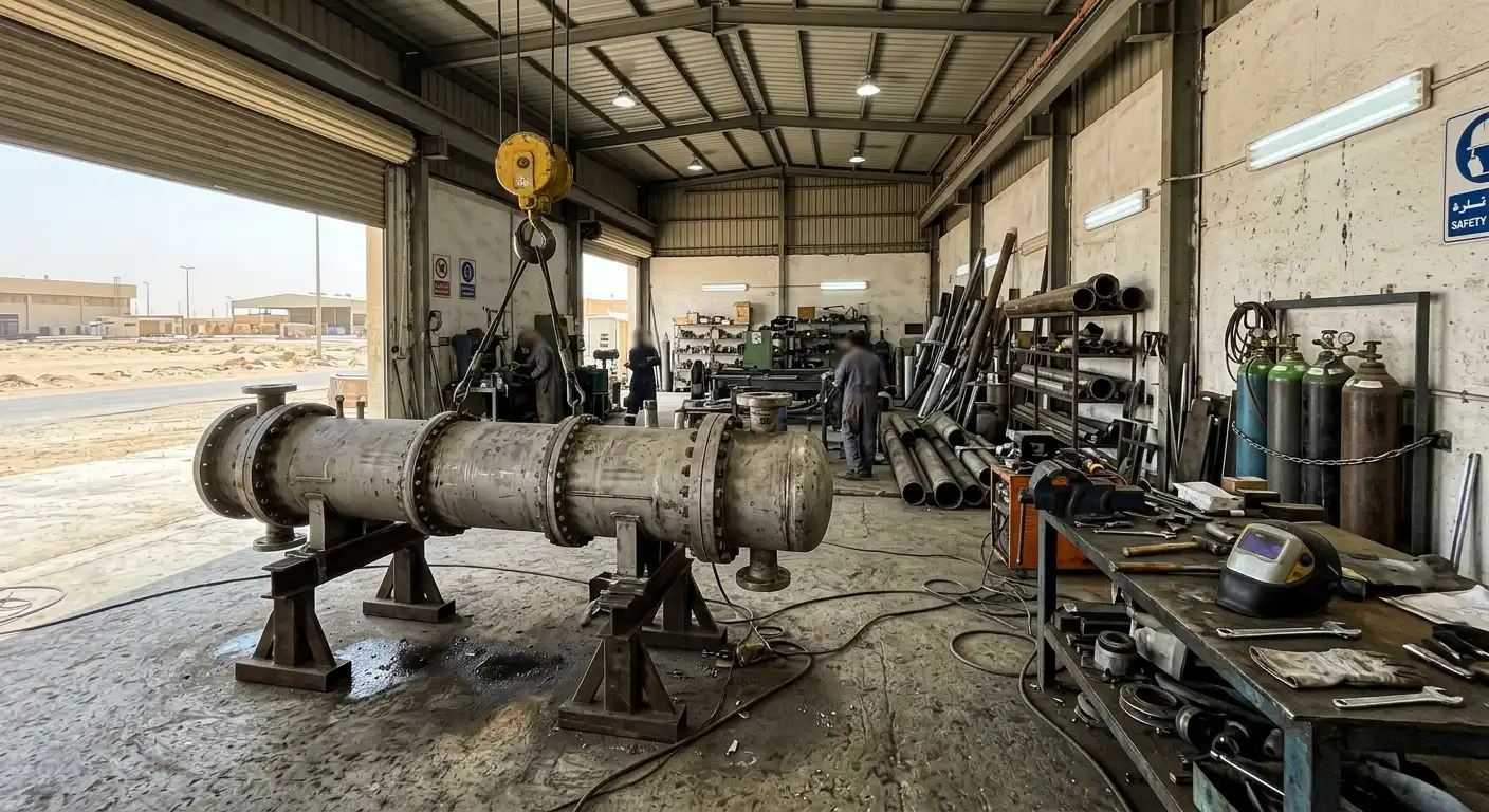 Shell and tube heat exchanger on stands in an industrial workshop