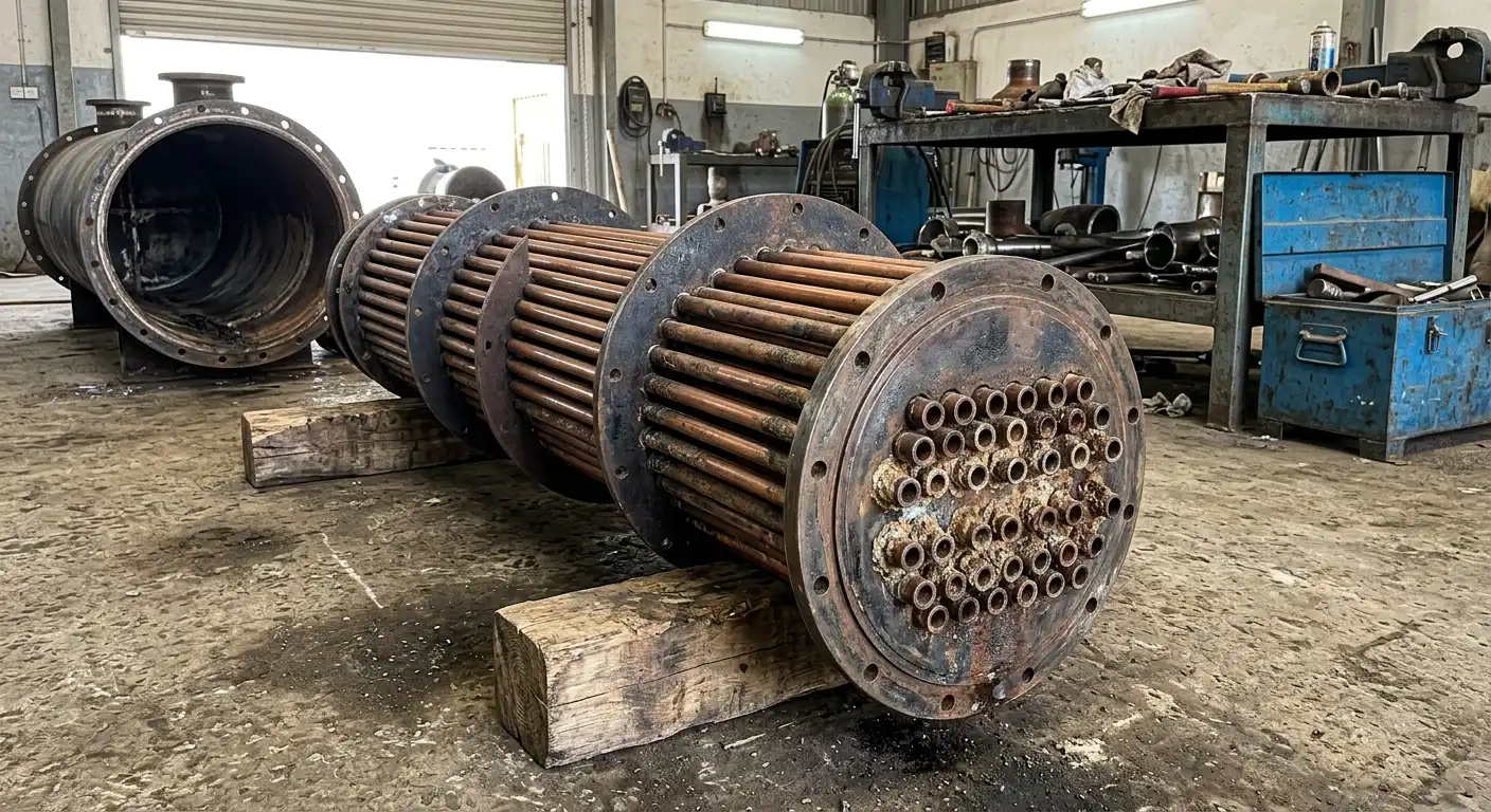 Shell and tube heat exchanger tube bundle pulled out for inspection