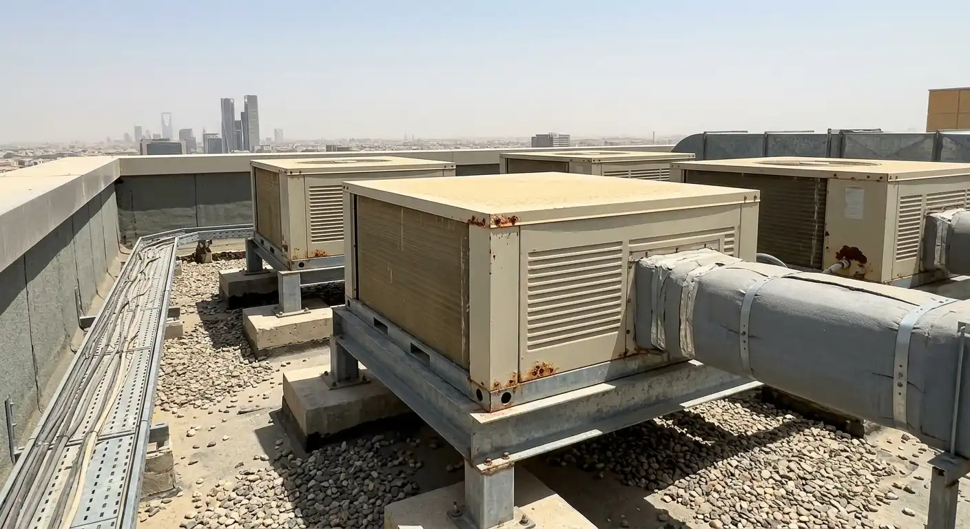 Rooftop package AC units and ducts on a commercial building in Riyadh