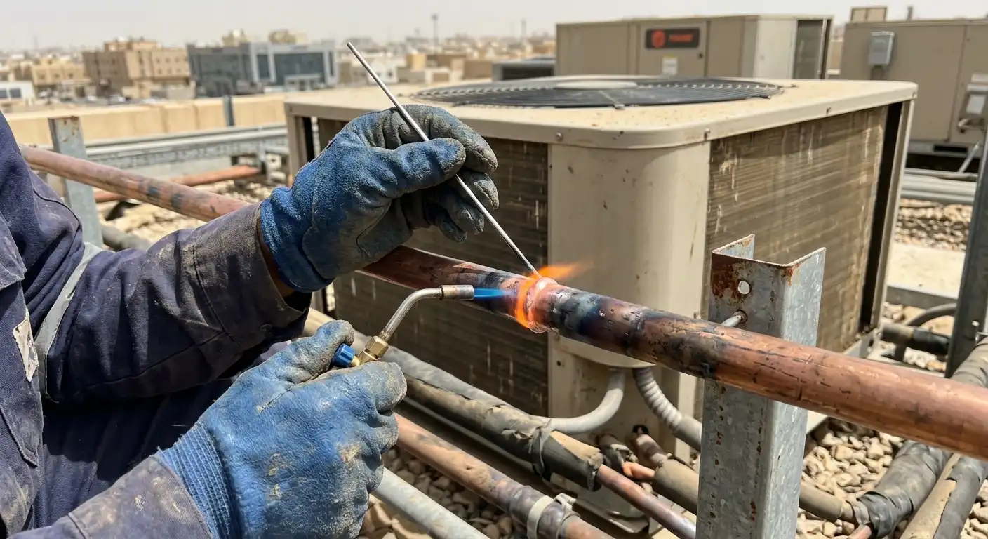 Technician brazing a copper refrigerant pipe joint