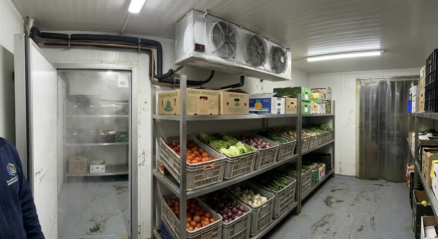 Commercial walk-in cold room with evaporator unit and shelving