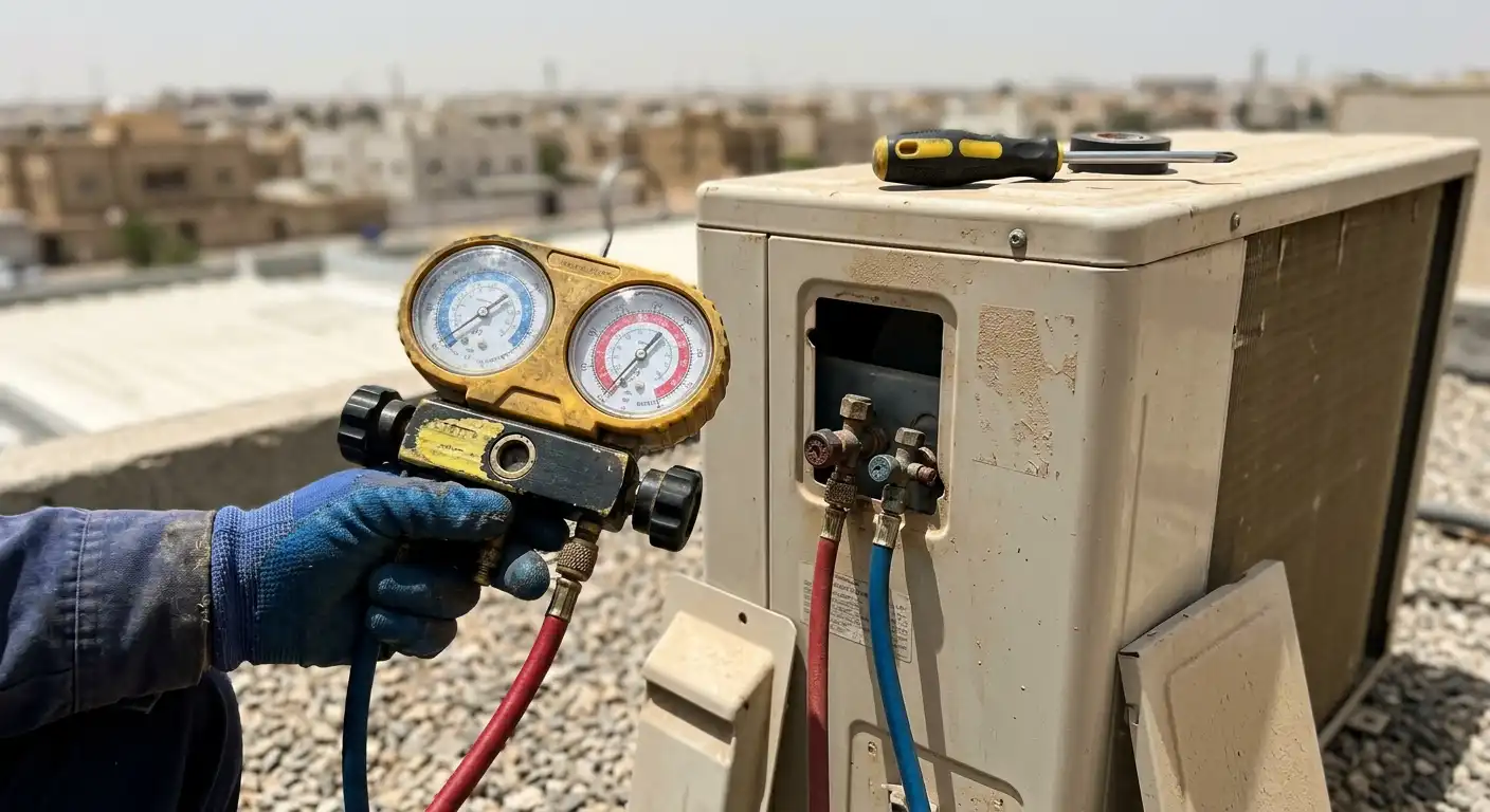 Manifold gauge set connected to an outdoor AC unit