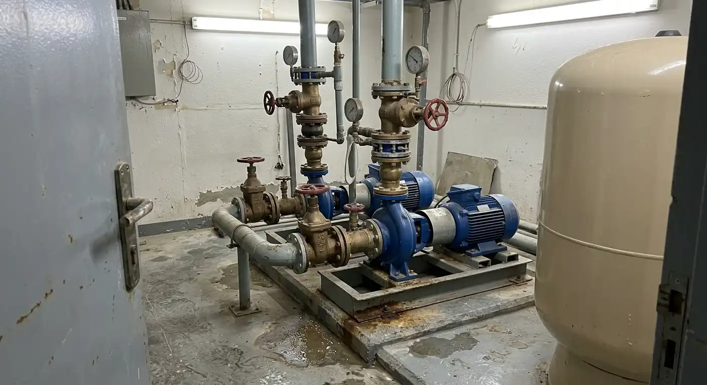 Water booster pump set in a basement pump room