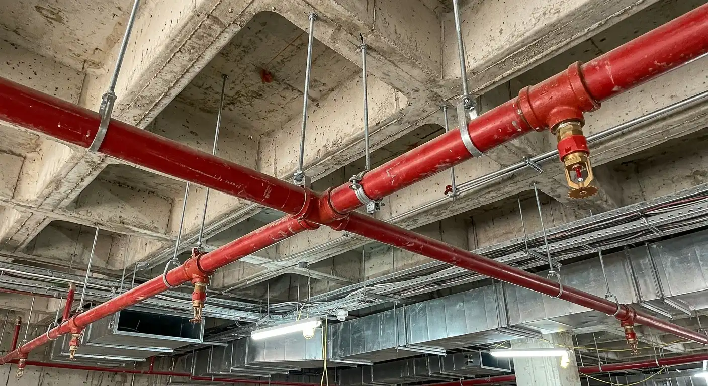 Sprinkler pipes and heads under a concrete ceiling