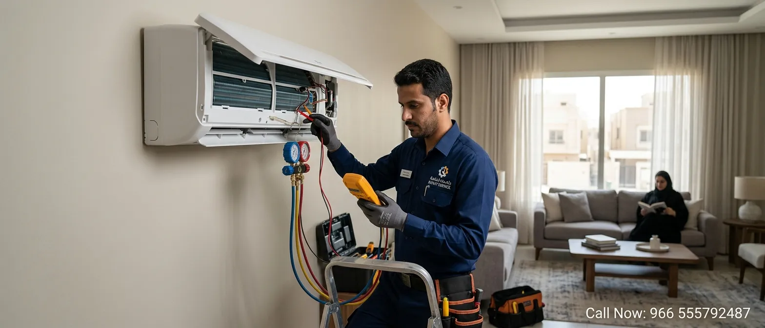 Rahat technician diagnosing a split AC with multimeter and pressure gauge