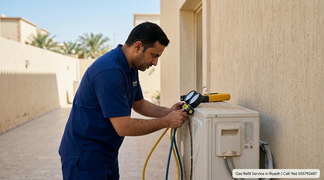 Rahat technician using manifold gauge to refill AC gas