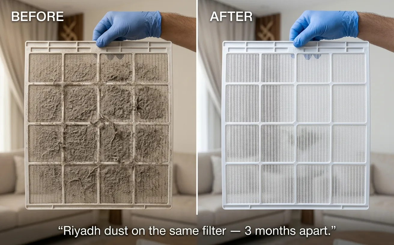 Side by side comparison of dusty AC filter vs clean filter