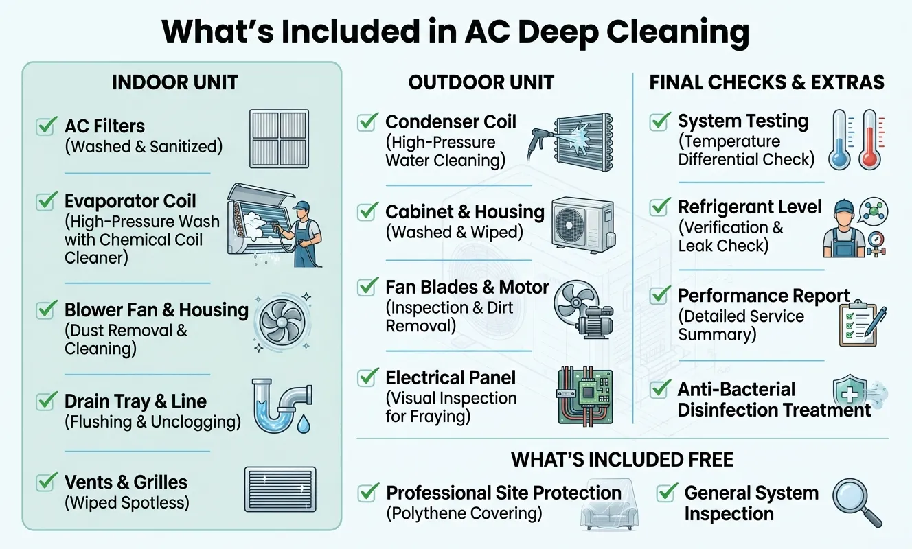 What's included in Rahat's AC deep cleaning service